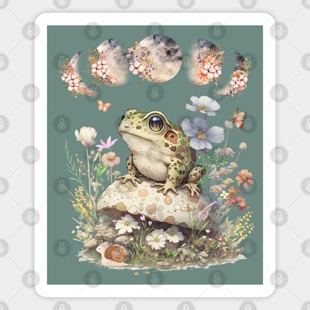 Cute Cottagecore Frog Mushroom Vintage Floral Moon Magnet by Hypnotic Highs